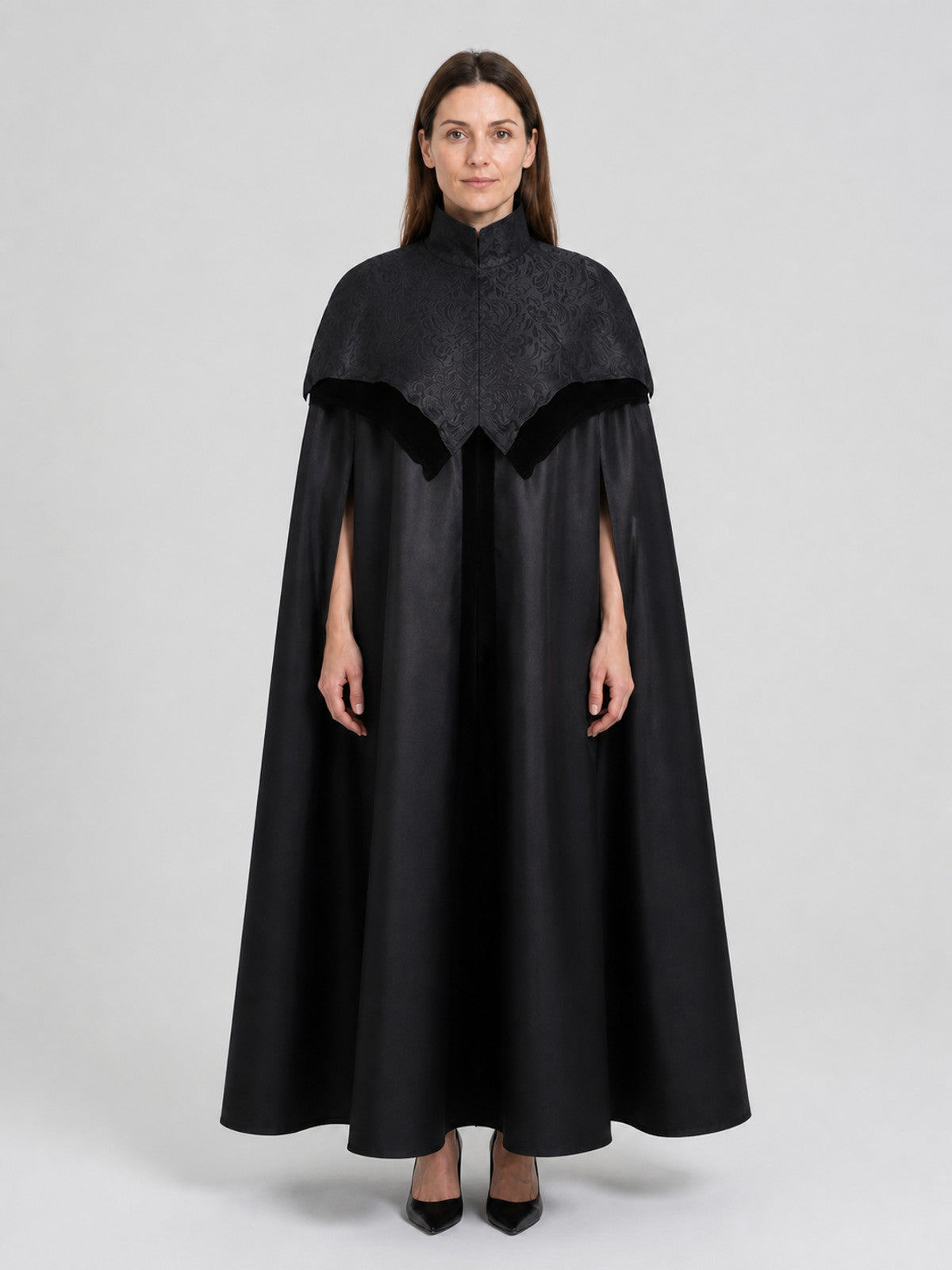Black Gothic Cloak Cape with a High Collar on-model view