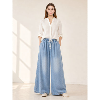 Light Blue Wide-Leg Pants with Drawstring and Pockets