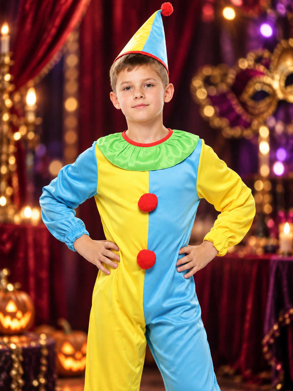 Kids' Clown Costume: Jumpsuit and Hat, Blue and Yellow