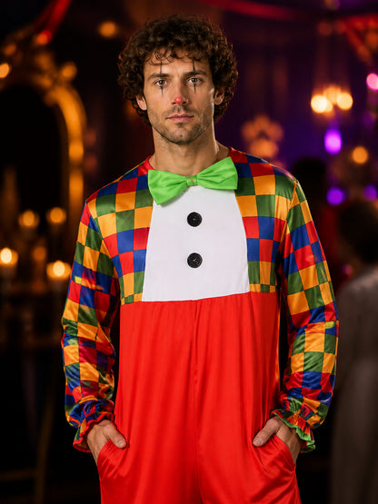 Adult Clown Jumpsuit Costume with Colorful Checkered Print and Bow Tie