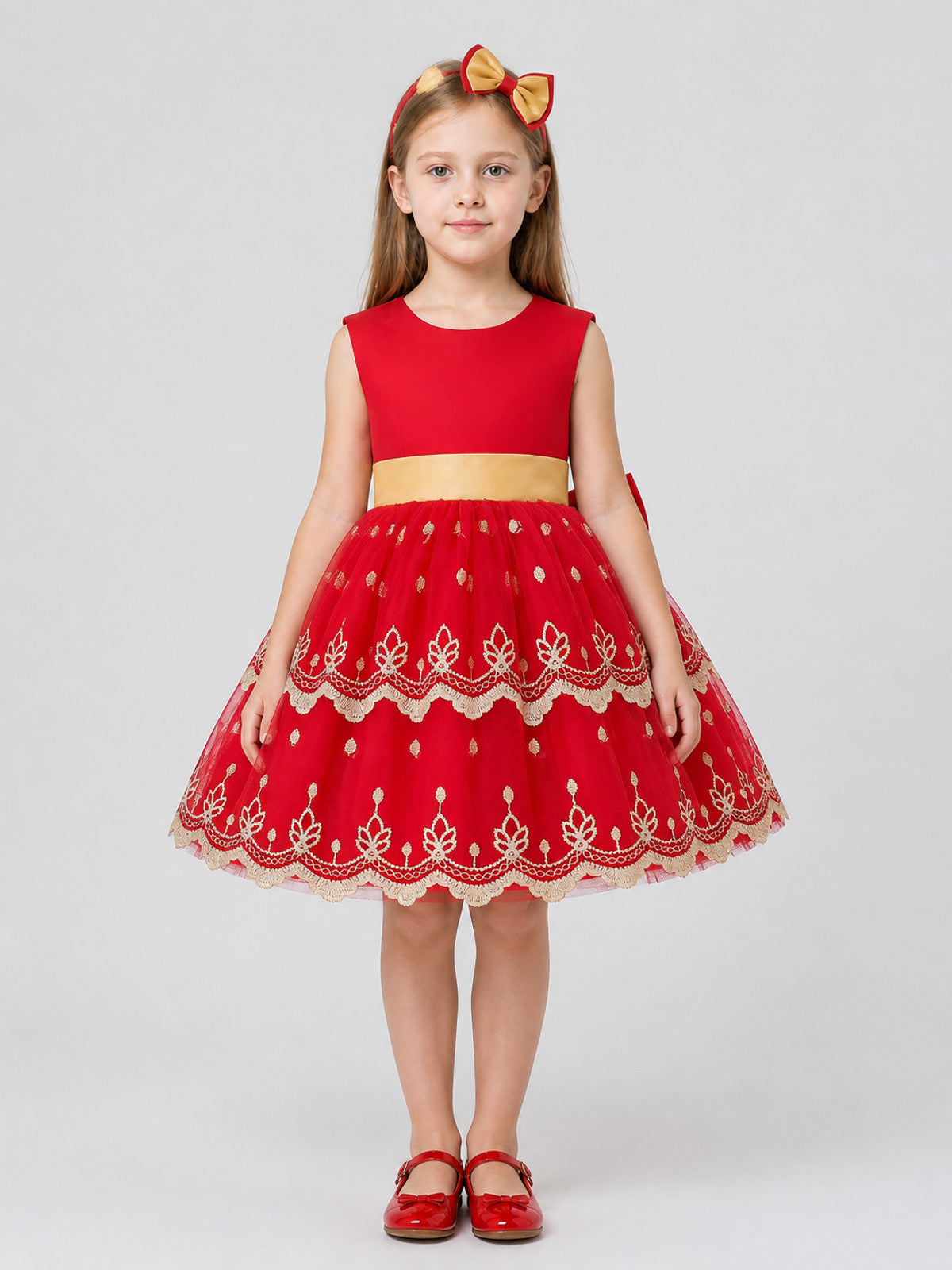 Children’s princess dress with a full skirt and gold embroidery on-model view