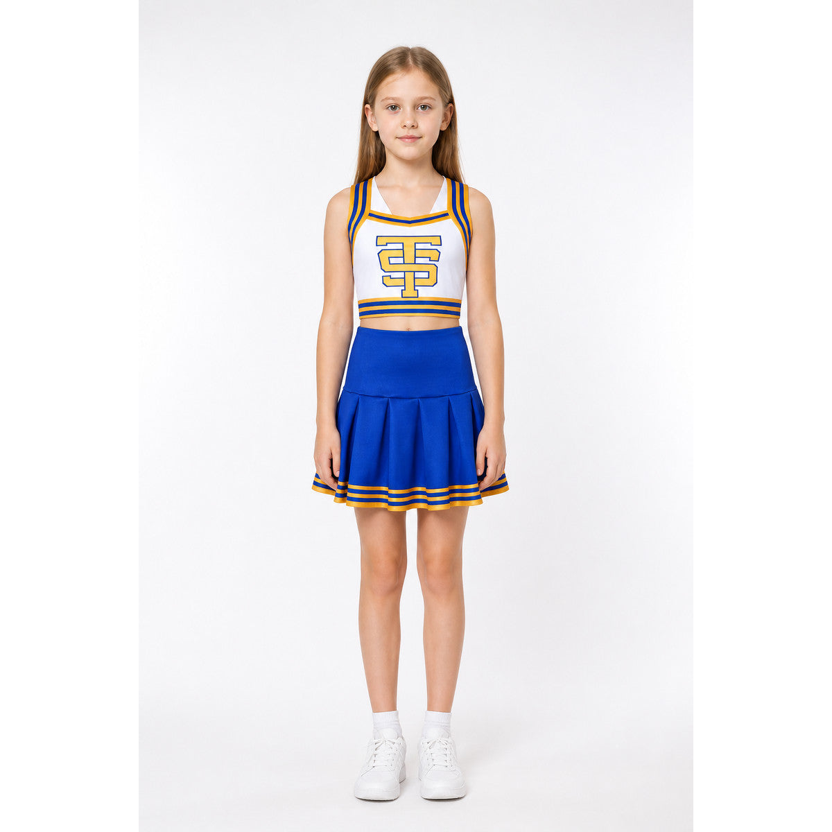 Cheerleader-style costume with white crop top featuring a yellow TS print and a royal blue pleated skirt with yellow striped hem, front view