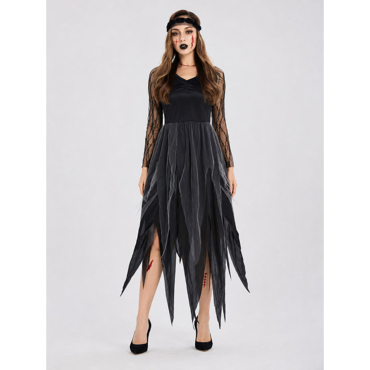 Gothic Cosplay Dress with a Torn Skirt