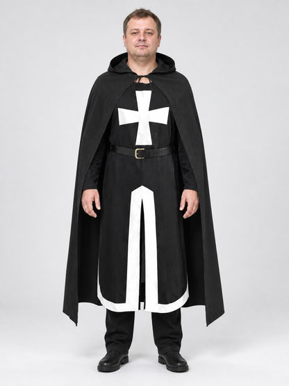 Black costume with white cross, hood, and belt