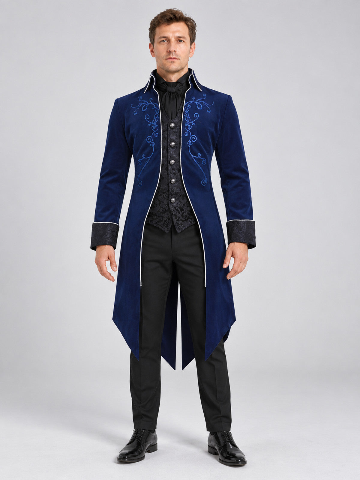 Dark Navy Long Tailcoat with Embroidery and Contrasting Cuffs