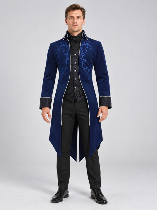 Dark Navy Long Tailcoat with Embroidery and Contrasting Cuffs