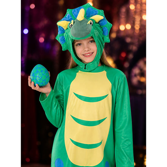 Kids Dinosaur Costume Set with Hood, Spikes, and Egg, Green Blue Yellow on-model view