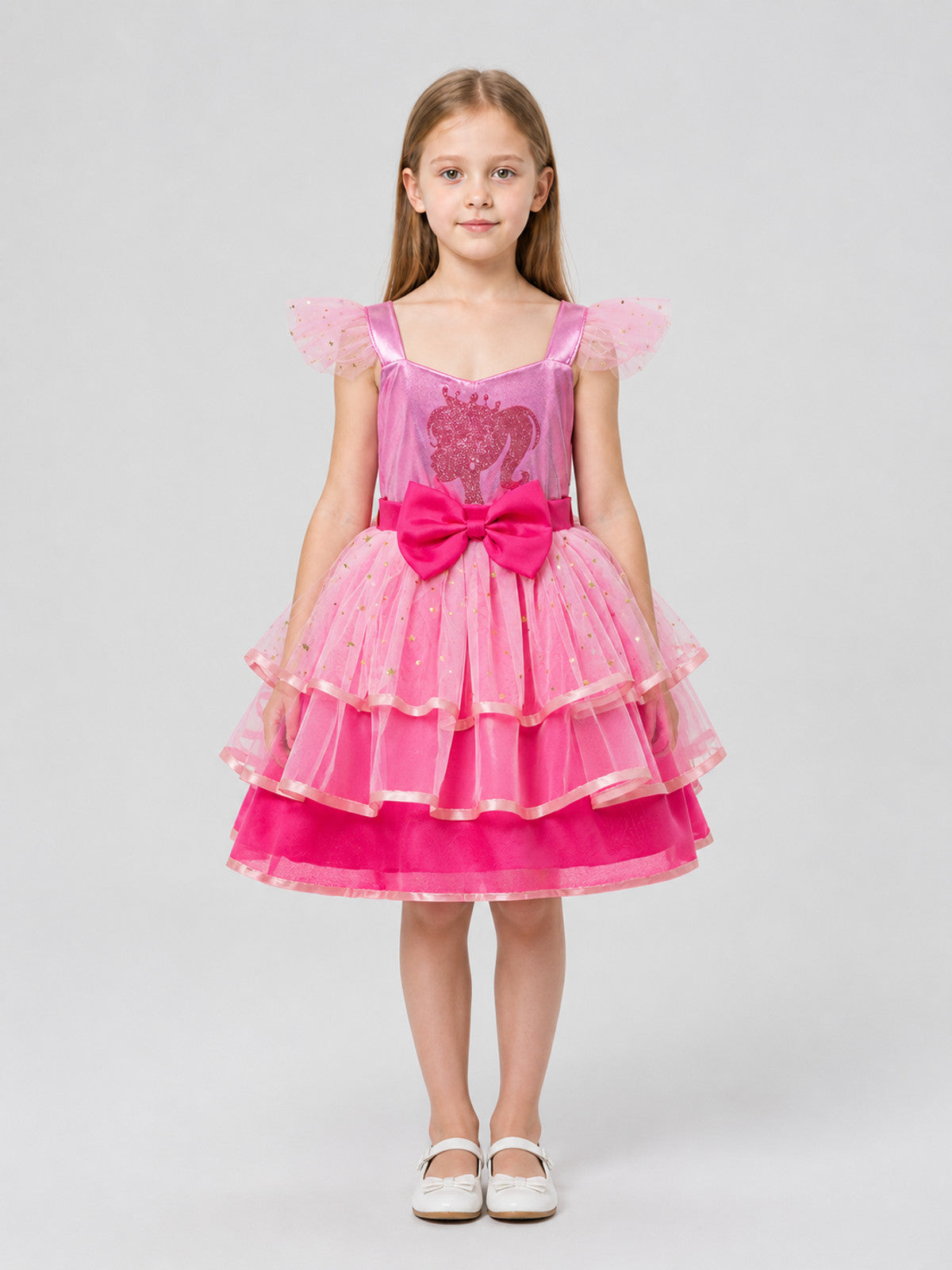 Pink Princess Dress with Layers, a Bow, and Tulle