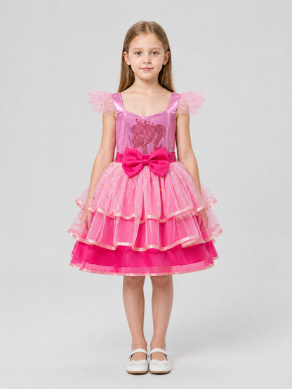 Pink Princess Dress with Layers, a Bow, and Tulle