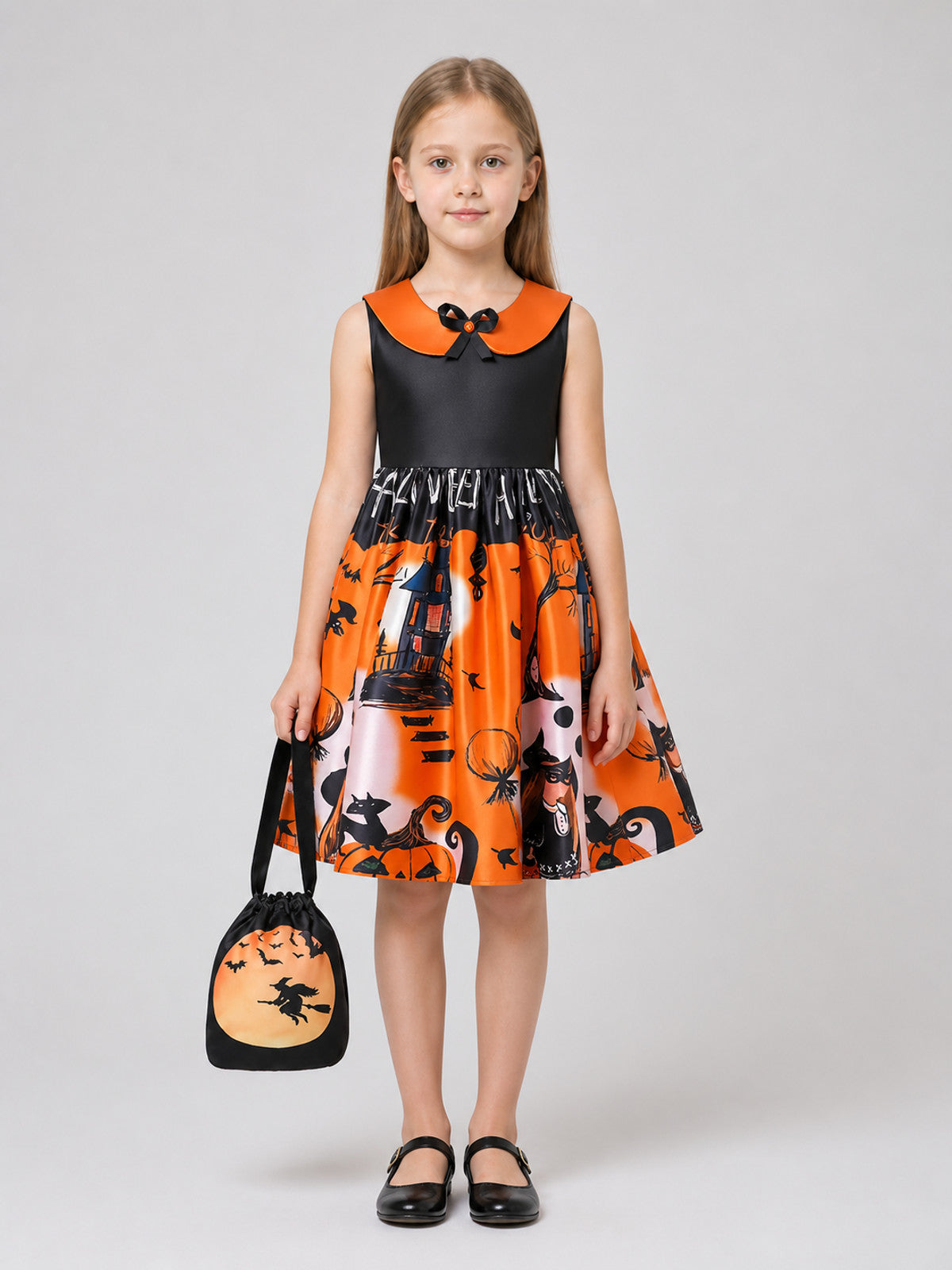 Halloween Cosplay Dress with Full Skirt and Drawstring Bag