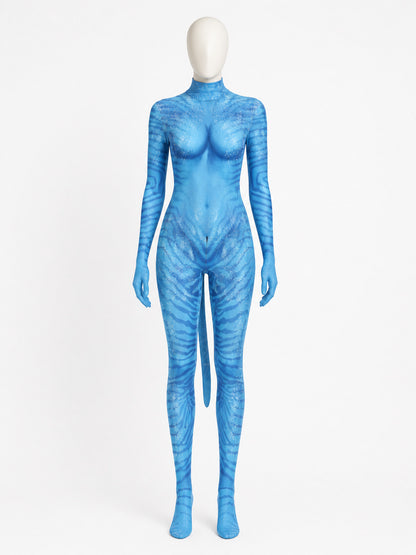 Blue Alien Bodysuit Costume with Long Sleeve, High Collar, and Full Coverage