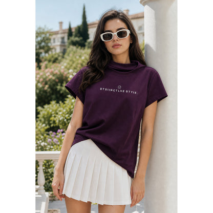 Women's Loose-Fit Printed T-Shirt, Plum Purple on-model view