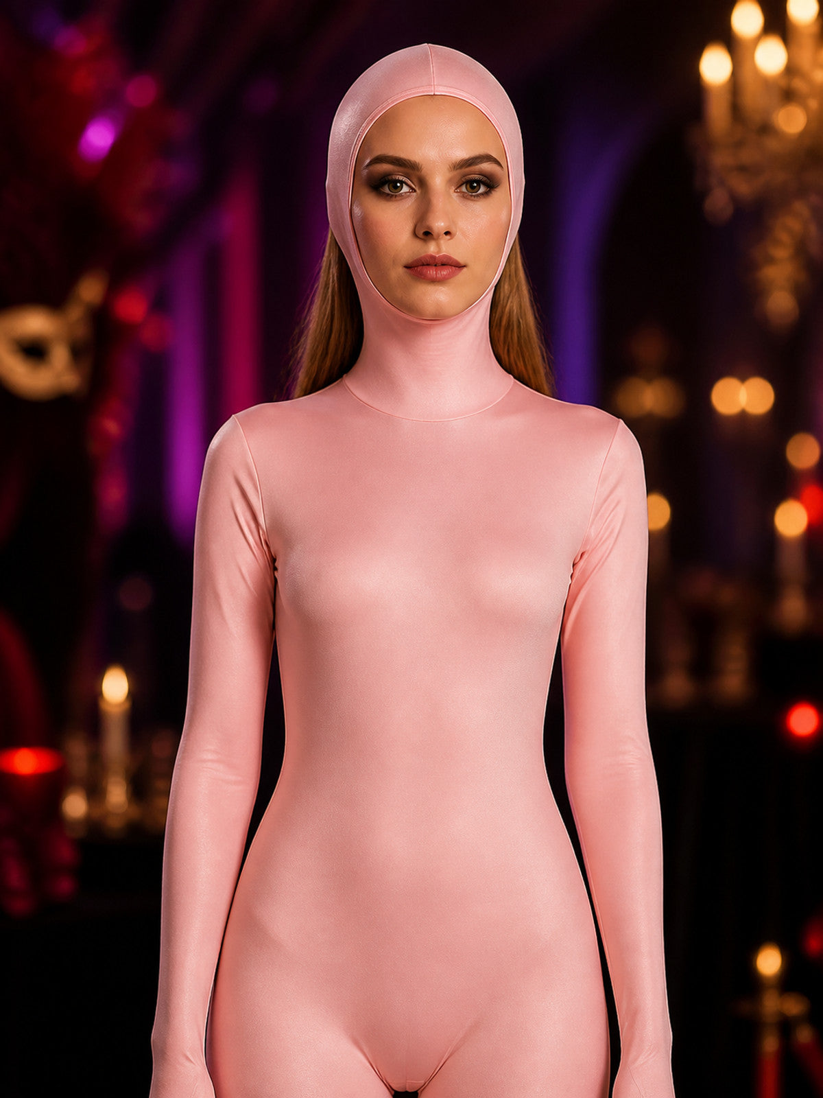 Women's Pink Full-Body Zentai Costume With Hood, Hands And Feet on-model view