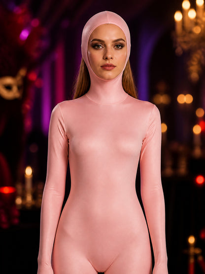 Women's Pink Full-Body Zentai Costume With Hood, Hands And Feet on-model view