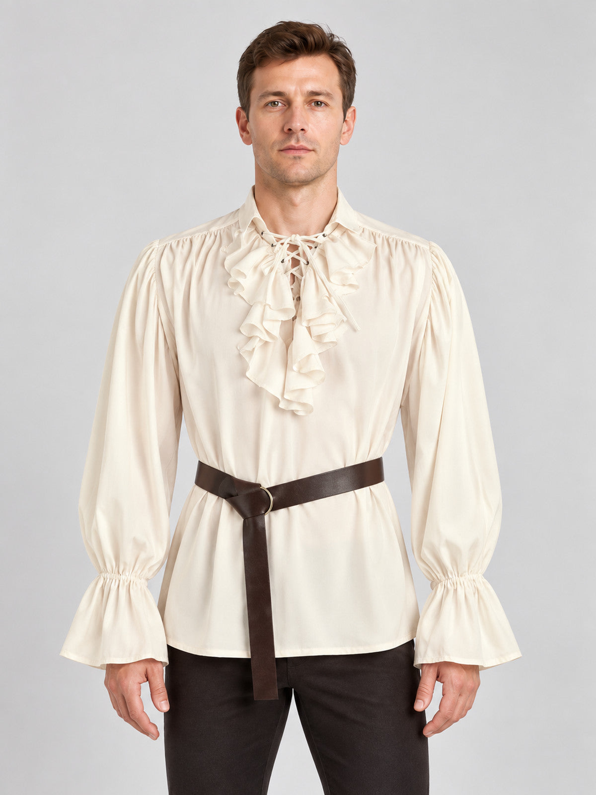 Beige shirt with a jabot, puffed sleeves, and a belt