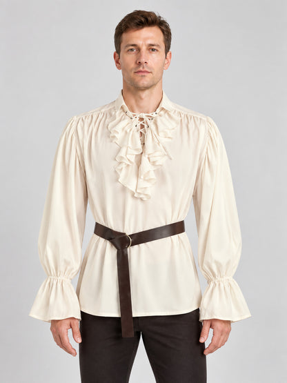 Beige shirt with a jabot, puffed sleeves, and a belt