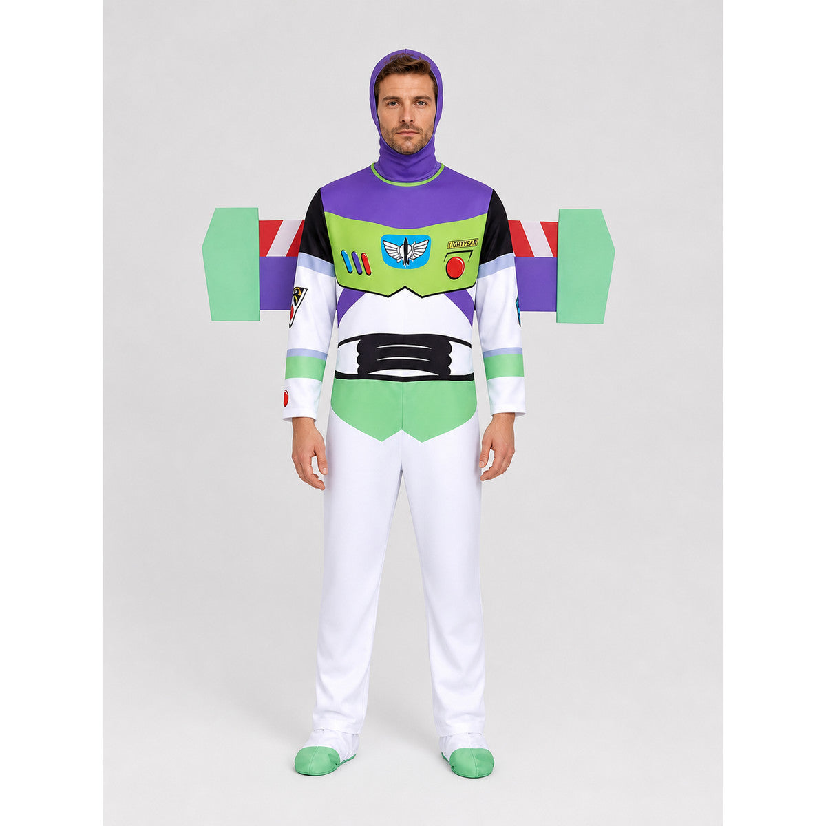 Buzz Lightyear Costume, Jumpsuit with Wings and Hood on-model view