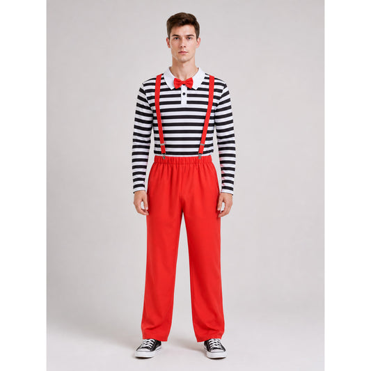 This bright clown costume is designed to create an expressive stage look and a festive transformation. The set includes a red cap with a short protruding crown, round glasses with red frames, a long-sleeve shirt with horizontal black-and-wh