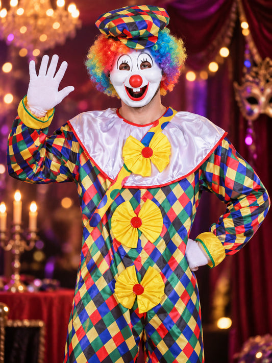 Adult Clown Costume: Jumpsuit, Wig, Mask, Hat