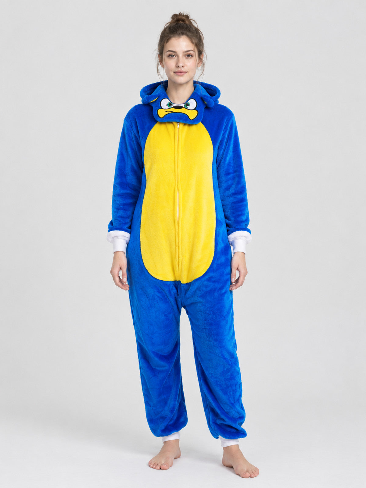 Blue Hooded Pajama Jumpsuit with Yellow Insert