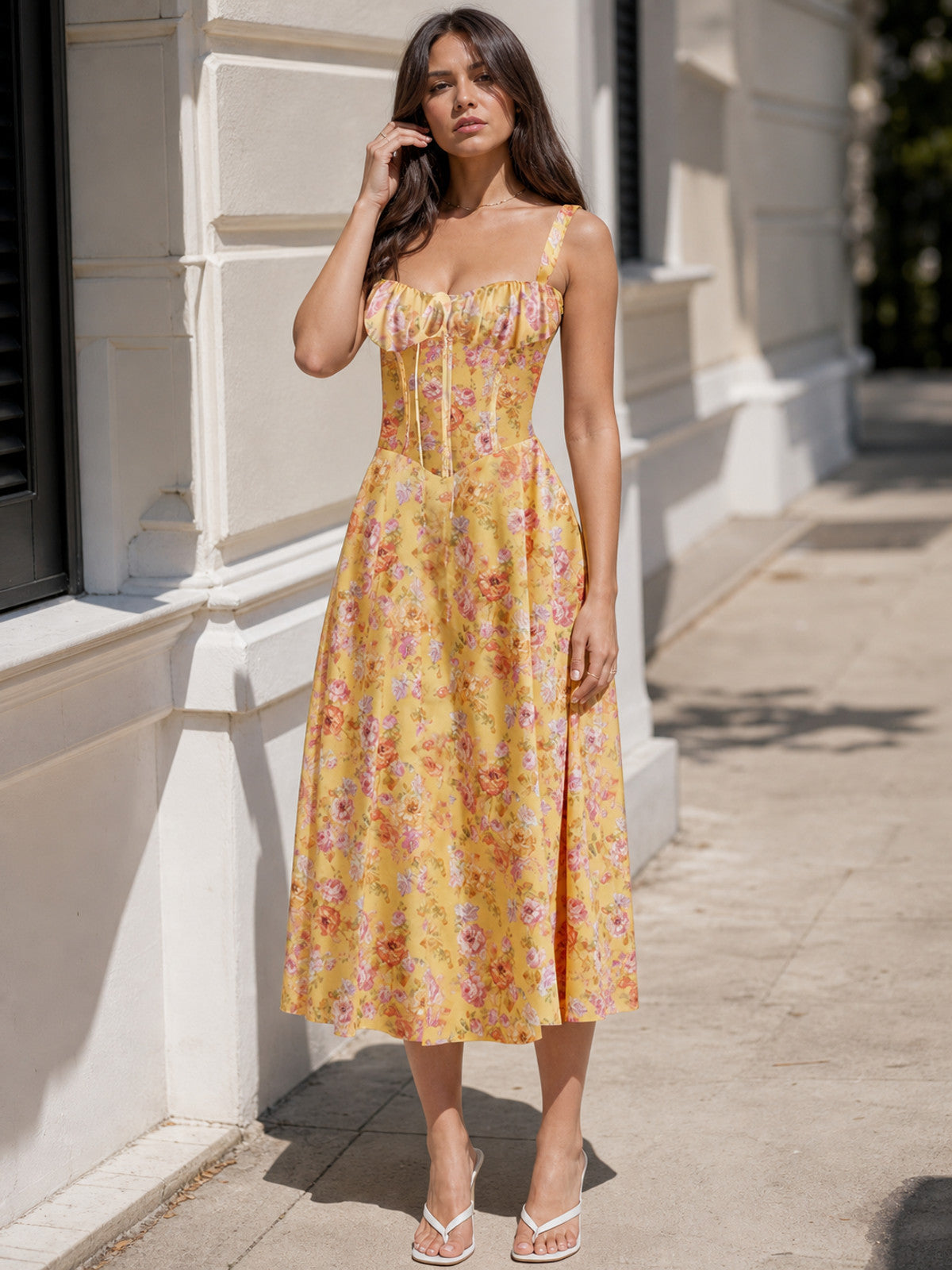 Women's Yellow Summer Midi Dress with Straps main product view