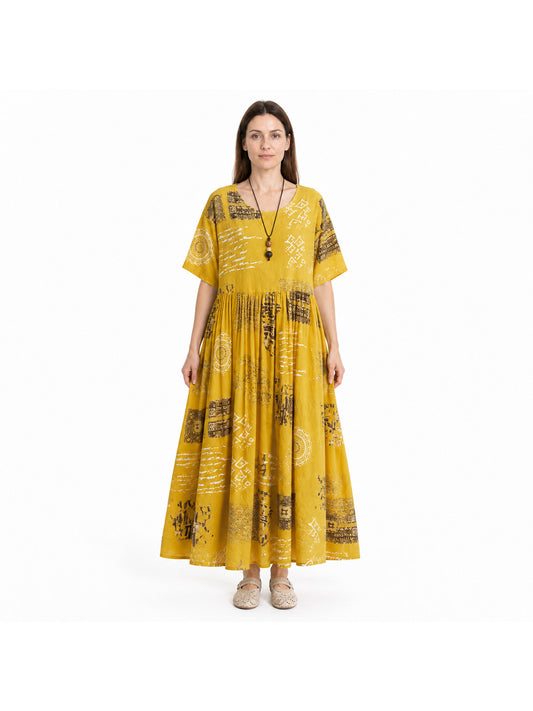 Women's Yellow Printed A-Line Maxi Dress with Short Sleeves, Round Neck, Pleated
