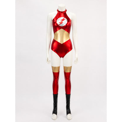 Adult Flash-Themed Sleeveless High-Neck Bodysuit Costume With Foot Covers on-model view