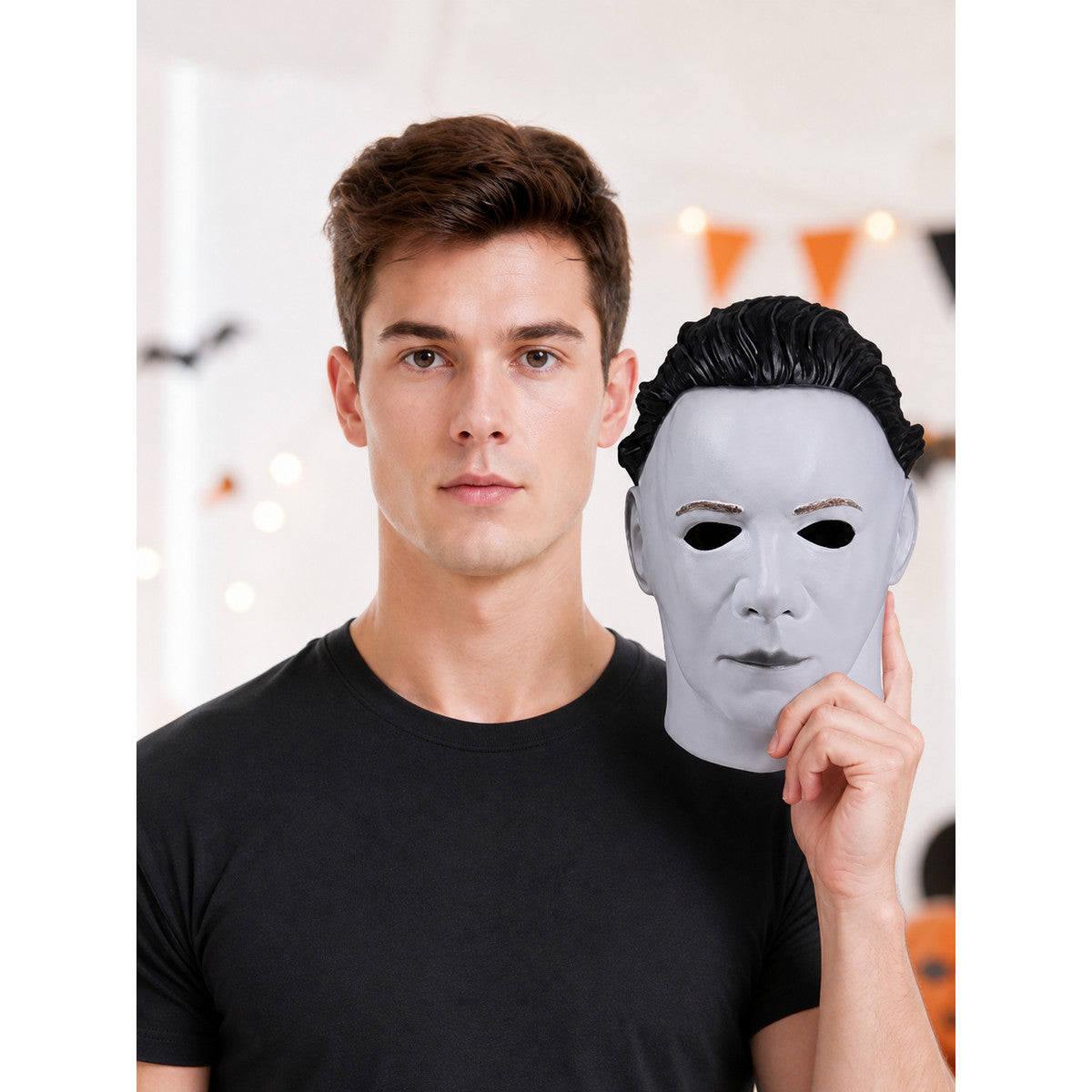 Face Mask with a White Face and Black Hair