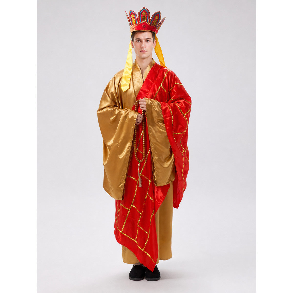 Monastic Costume with Headdress, Prayer Beads, and Staff on-model view