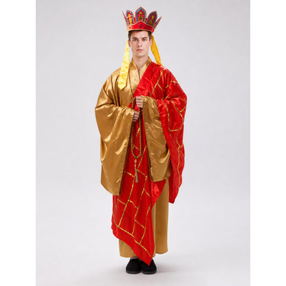 Monastic Costume with Headdress, Prayer Beads, and Staff on-model view