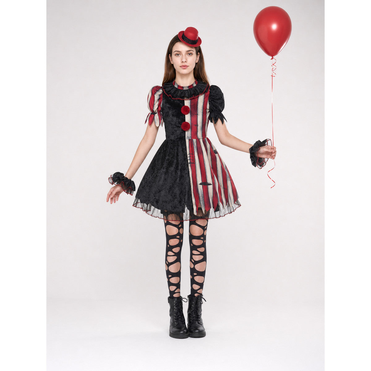 Ruffled and striped clown costume dress on-model view