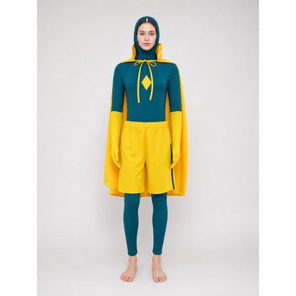Cosplay Costume with Cape, Hood, and Gloves on-model view