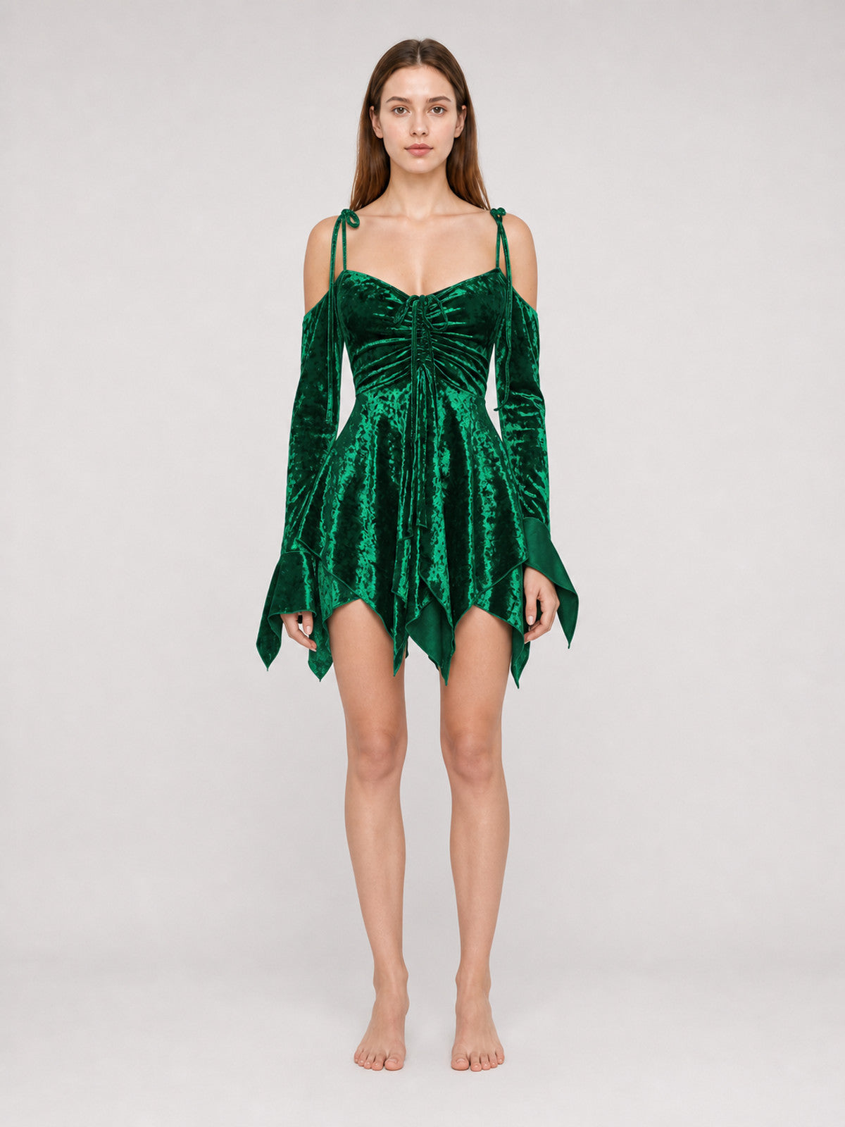 Emerald Green Mini Dress with a Velvet-Like Texture front view