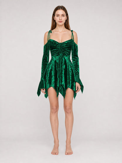 Emerald Green Mini Dress with a Velvet-Like Texture front view