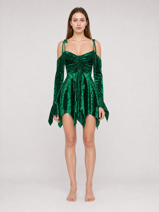 Emerald Green Mini Dress with a Velvet-Like Texture front view