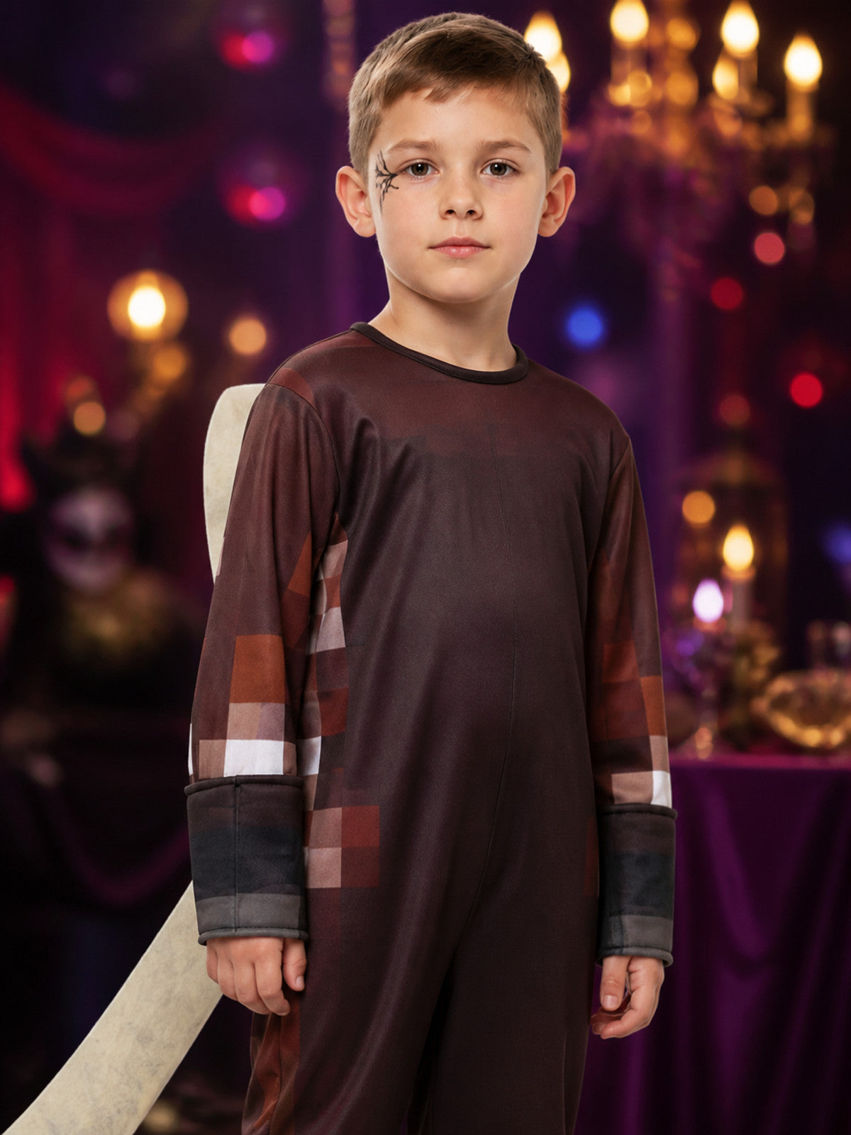 Kids Blocky Armor Costume Jumpsuit with Pixel Pattern, Halloween Outfit on-model view