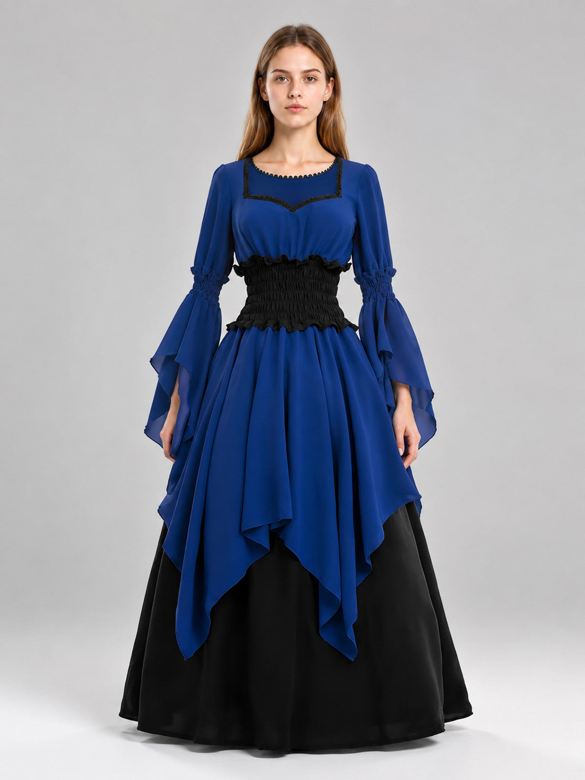 Long Historical Dress with Asymmetrical Skirt on-model view