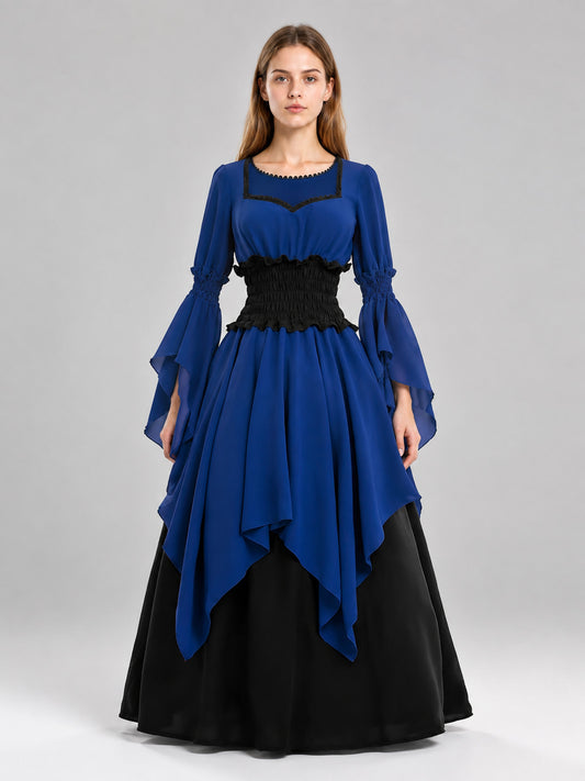 Long Historical Dress with Asymmetrical Skirt on-model view
