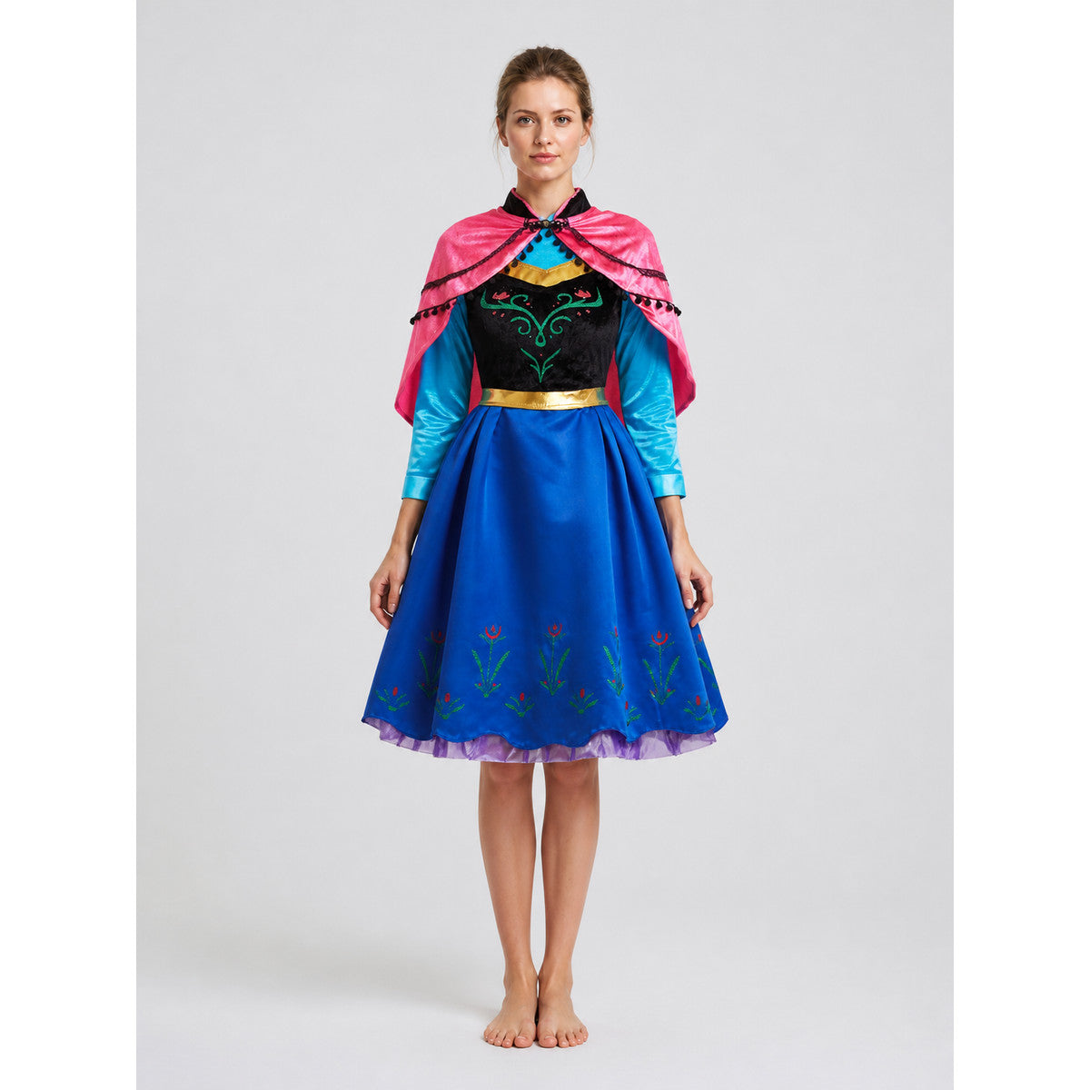 Anna Frozen Cosplay Dress with Cape on-model view