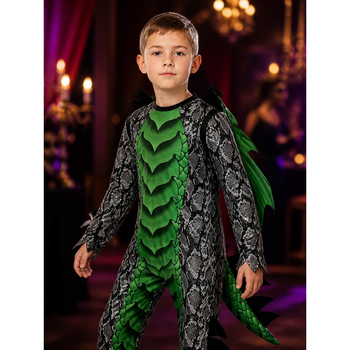 Dinosaur Dragon Jumpsuit Costume With Mask, Wings, Tail And Spikes on-model view
