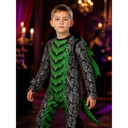 Dinosaur Dragon Jumpsuit Costume With Mask, Wings, Tail And Spikes on-model view