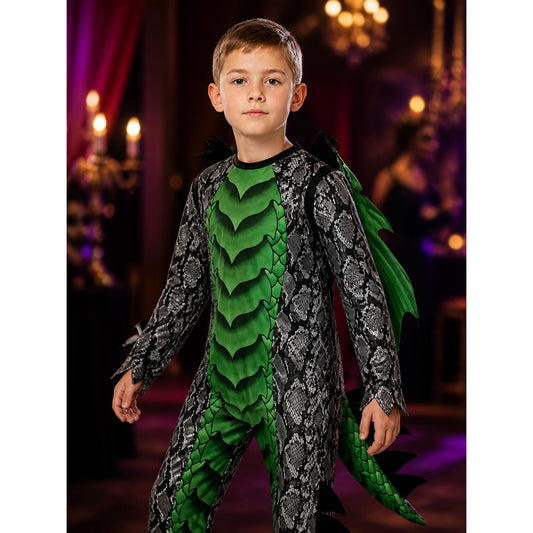 Dinosaur Dragon Jumpsuit Costume With Mask, Wings, Tail And Spikes on-model view