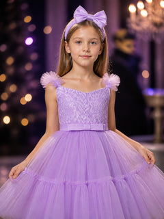 Girls' Purple Princess Dress Set, Sleeveless Lace Bodice, Satin Bow, Layered