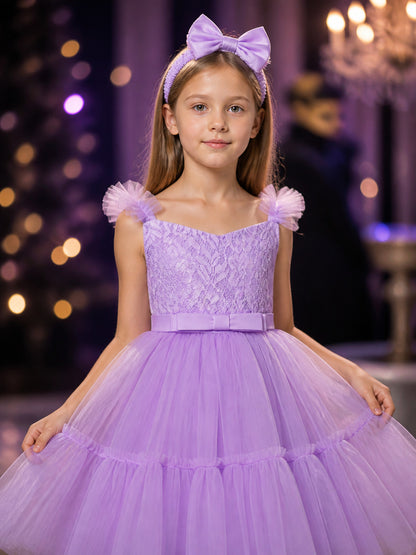 Girls' Purple Princess Dress Set, Sleeveless Lace Bodice, Satin Bow, Layered on-model view