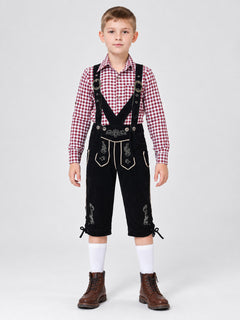 Kids' Black Suspender Pants with Embroidery
