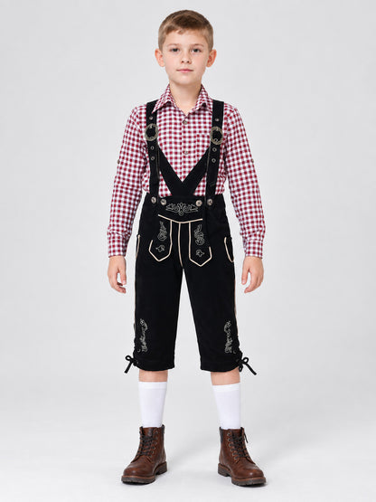 Kids' Black Suspender Pants with Embroidery