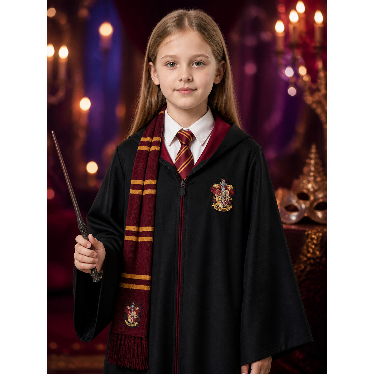 Academy-Style Wizard Robe Costume Set with Wand, Tie and Scarf on-model view