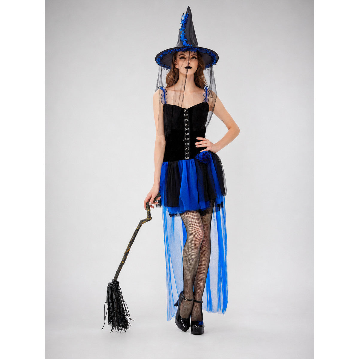 Witch Dress with Blue Roses and a Sheer Train