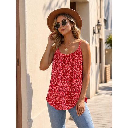 Red camisole with thin straps and floral print