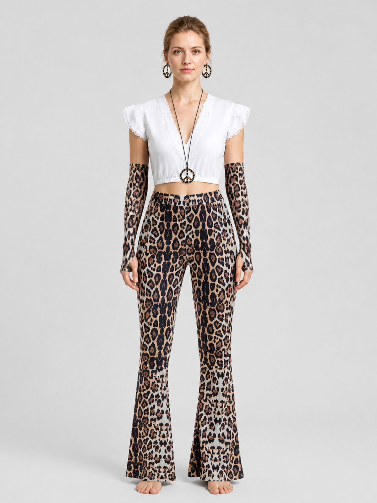 Leopard Print Set: Top, Flare-Leg Pants, and Accessories on-model view